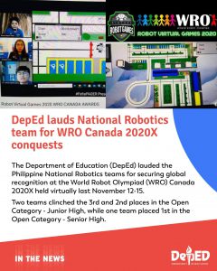 DepEd lauds National Robotics team for WRO Canada 2020X conquests