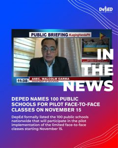 DepEd names 100 public schools for pilot face-to-face classes on November 15