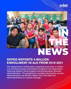 DepEd reports 4-million enrollment in ALS from 2016-2021